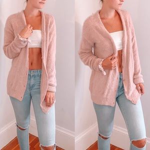 Fuzzy Long Pink Cardigan